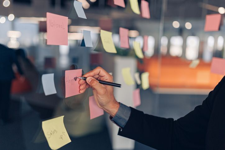 Businesswoman hand's is writing on sticky notes on motivation board in office. High quality photo