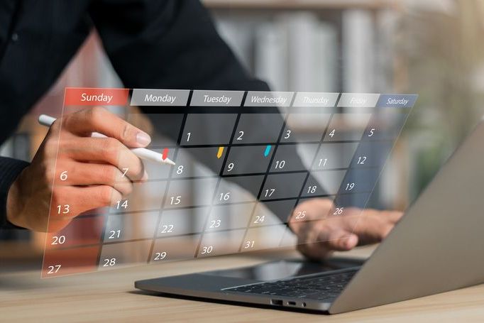 Time management concept. Highlight appointment reminders and meeting agendas in calendar on interface. Businessman manages time for effective work.