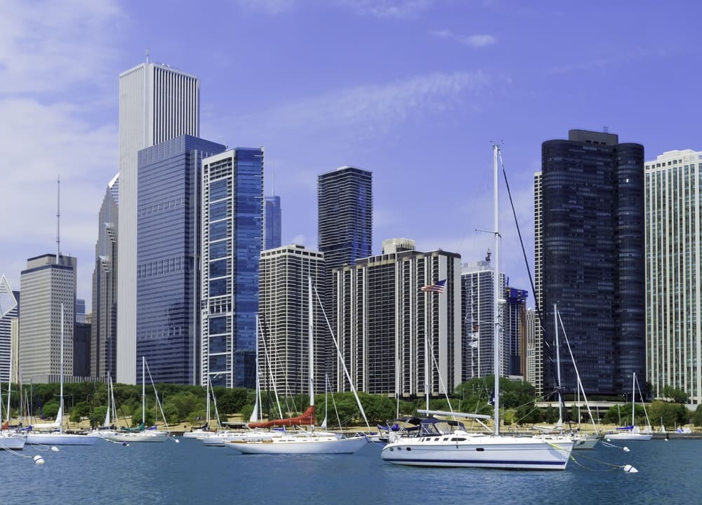 Chicago skyline with sailboats in the water.