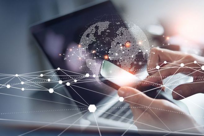 Digital technology, internet network connection, big data, digital marketing IoT internet of things. Woman using mobile phone and laptop computer surfing internet, innovative technology background