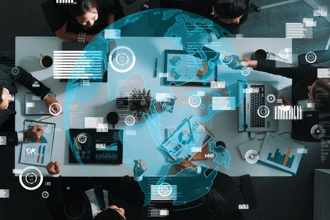 Top down aerial view of skilled business team listening manager present global networking system while giving a high five to encourage or motivate team. Hologram of internet connection. Directorate.
