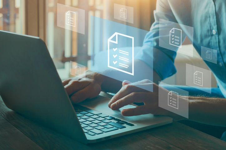 Compliance concept, law and standard compliance, rules and regulation policy on blue virtual screen, documents with checkbox lists.