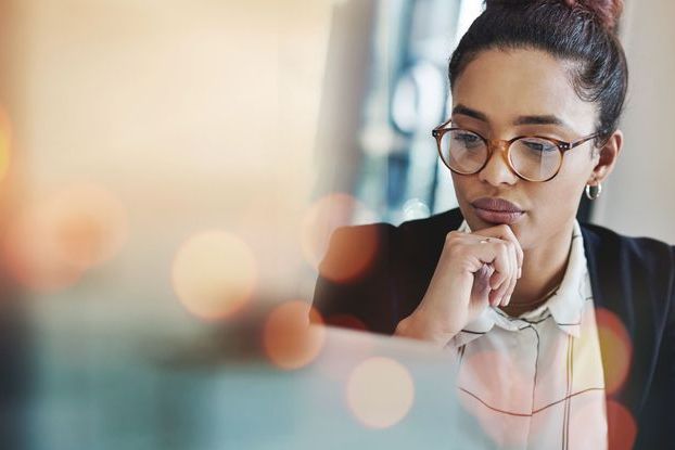 Business woman, thinking and planning on computer for Human Resources solution, recruitment website or vision. Professional HR worker or employee ideas and problem solving on laptop and banner mockup