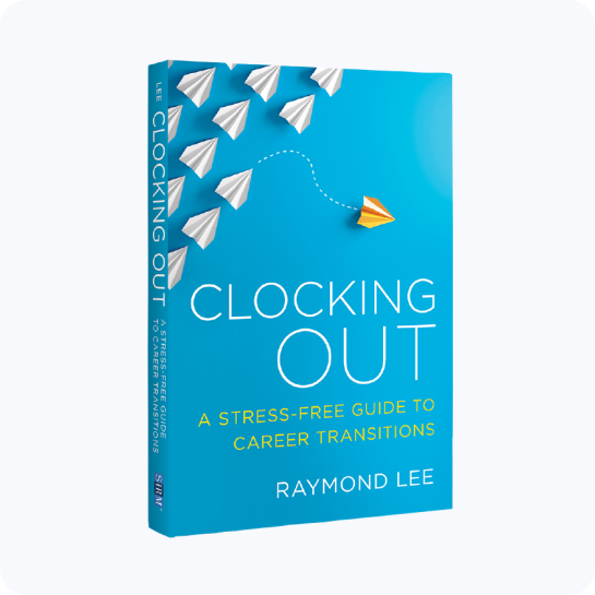 A graphic representation of a book titled "clocking out: a stress-free guide to career transitions" by raymond lee, featuring an illustration of paper airplanes transitioning from white to a golden airplane against a.