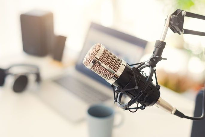 Live online radio broadcasting station desk, entertainment and communication concept