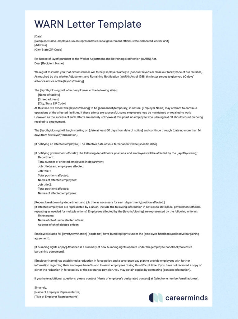 Template for a WARN letter with placeholders for company and employee information. It outlines notification details according to the WARN Act, addressing employee rights and upcoming layoffs.