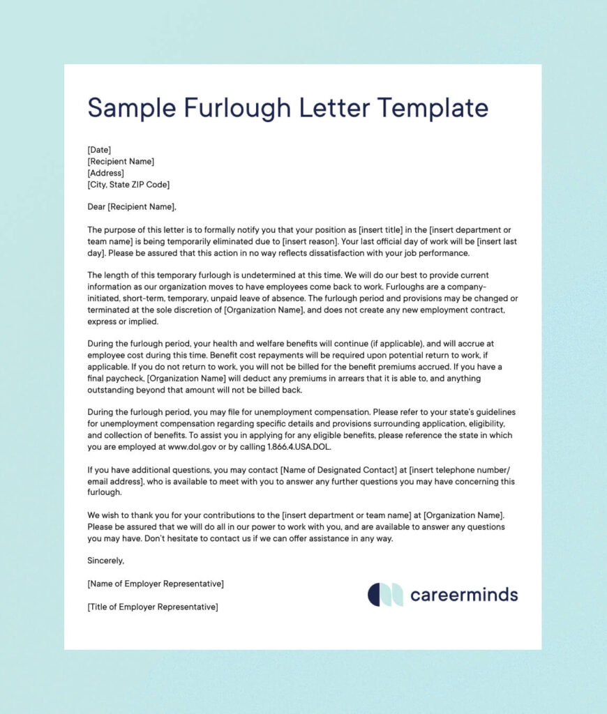 Sample furlough letter template with placeholder sections for date, recipient name, address, and personalized details about the furlough terms and contact information.