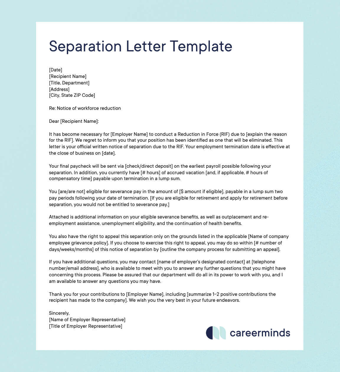 A separation letter template with placeholder text for names, dates, and details about layoffs and severance. The letter includes instructions for returning equipment and transition processes.