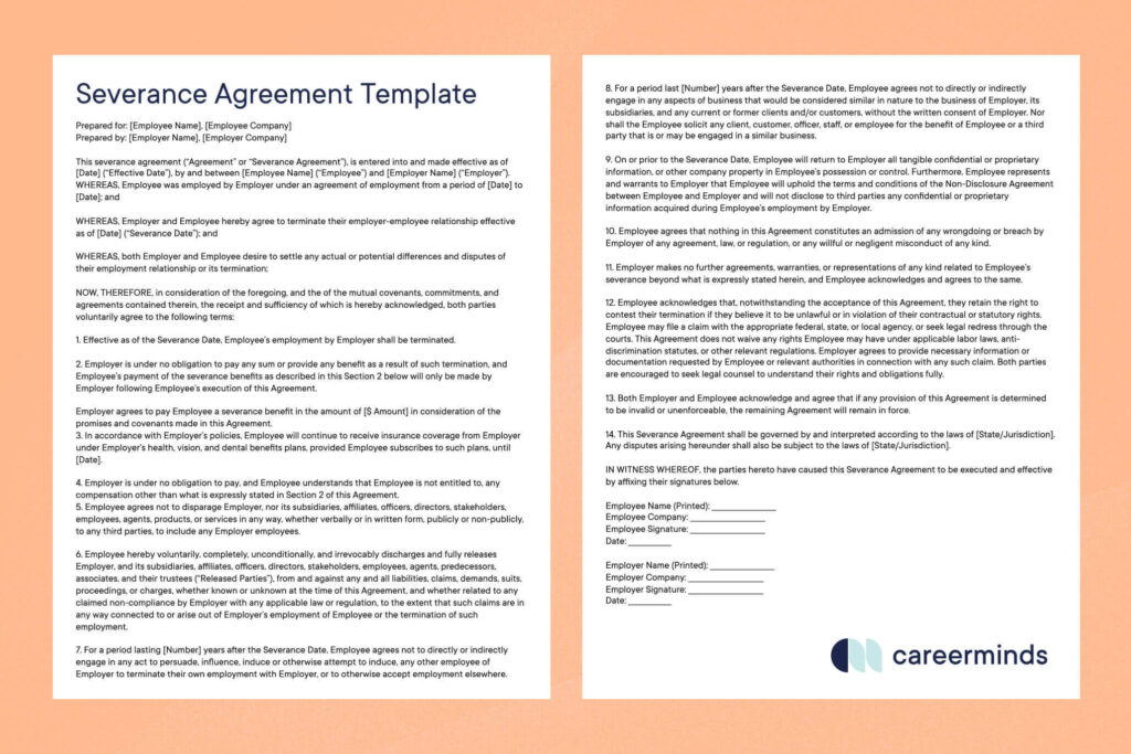 Severance agreement template on a peach background with example text of a severance agreement and a Careerminds logo.