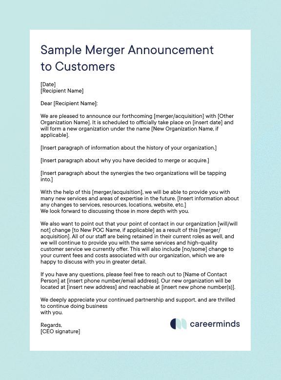 Sample Merger Announcement to Customers