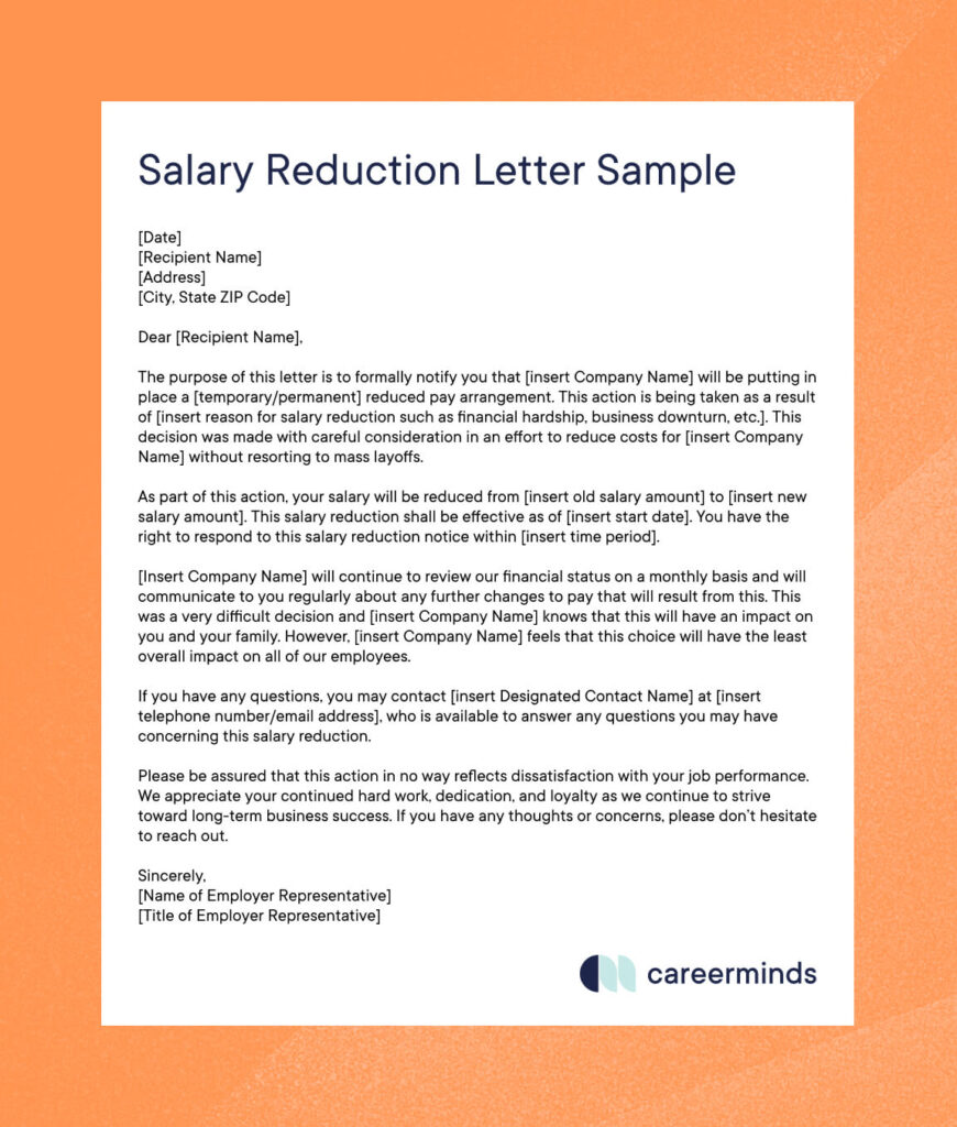 Salary reduction letter template with placeholder text for company name, salary amount, and other details against an orange background. Company logo at the bottom right corner.