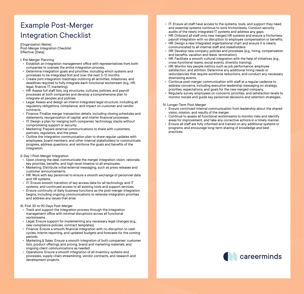 Example Post-Merger Integration Checklist