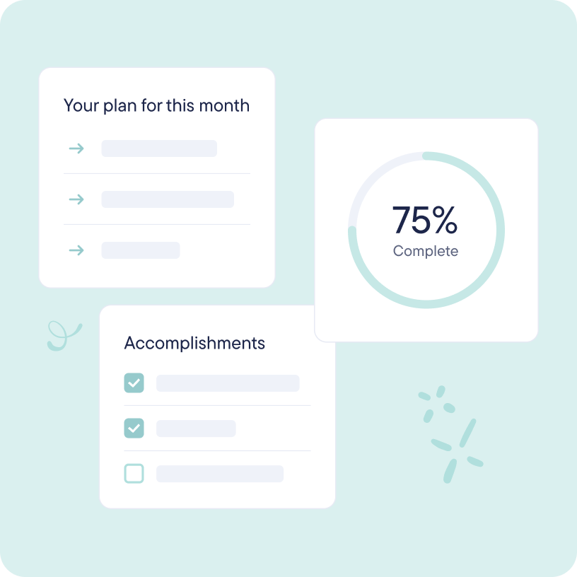 Illustration showing a monthly plan and accomplishments list, with a progress circle indicating 75% completion.